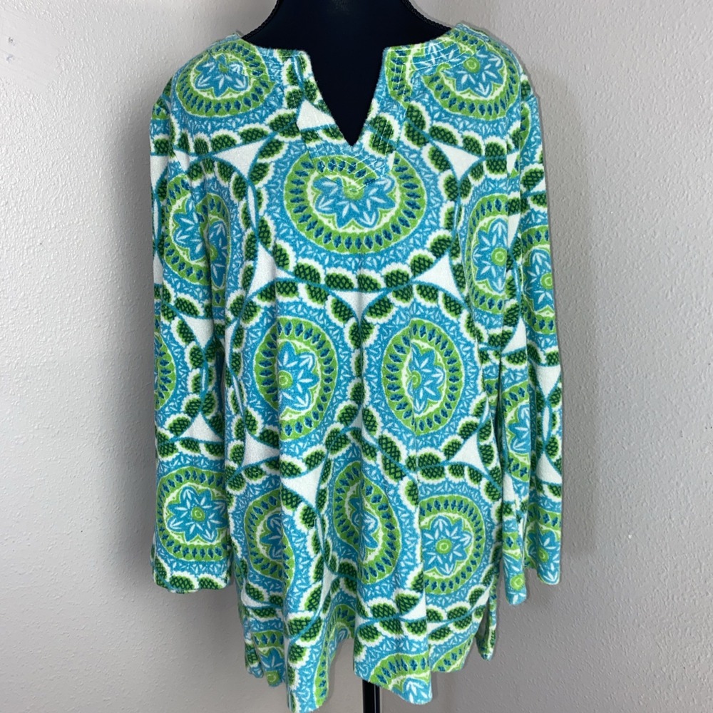 Talbots Terry Cloth Top Large P Green‎ Split Neck Medallion Print Beach Coverup
